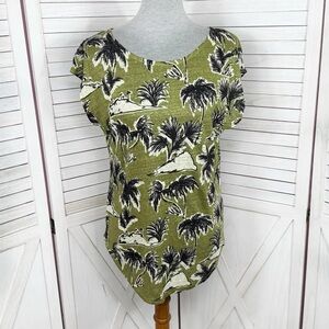 Tahari Olive Green Tropical Linen Knit Top Cap Sleeve Size Small